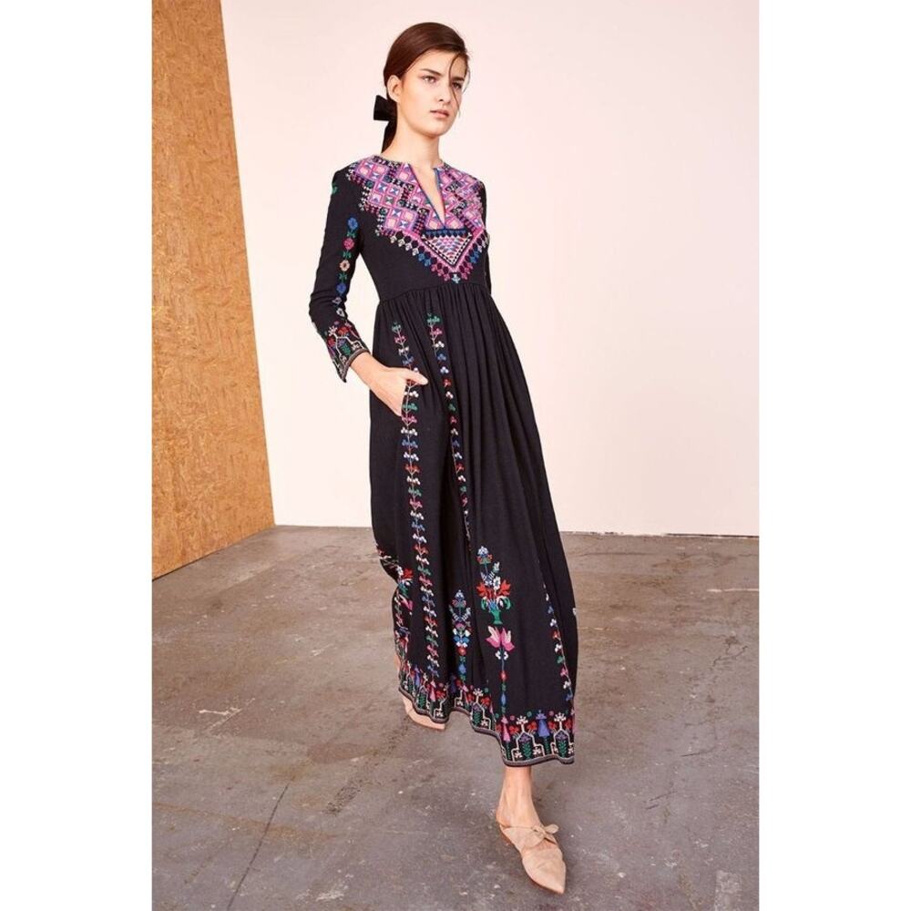 Ulla Johnson Irina Dress Black Folk Embroidered Silk Maxi Size 4 - Picture 3 of 14